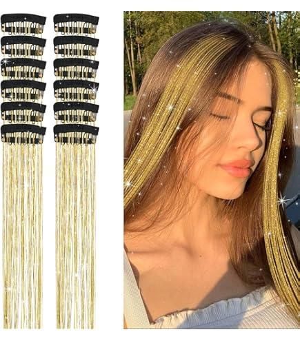 Накладні блискучі пасма для волосся на шпильках золоті Hair Tinsel 12 штук 24563G фото