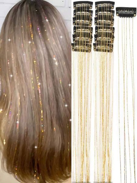 Накладні блискучі пасма для волосся на шпильках золоті Hair Tinsel 12 штук 24563G фото