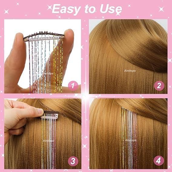 Накладні блискучі пасма для волосся на шпильках золоті Hair Tinsel 12 штук 24563G фото