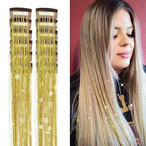 Накладні блискучі пасма для волосся на шпильках золоті Hair Tinsel 12 штук 24563G фото