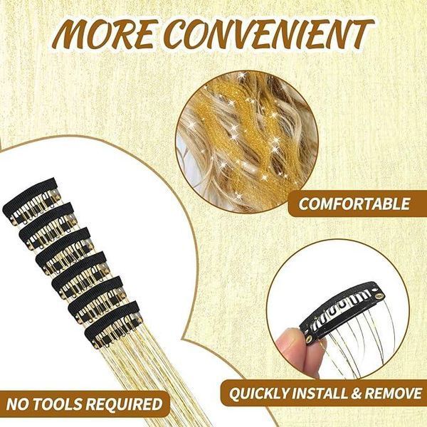 Накладні блискучі пасма для волосся на шпильках золоті Hair Tinsel 12 штук 24563G фото