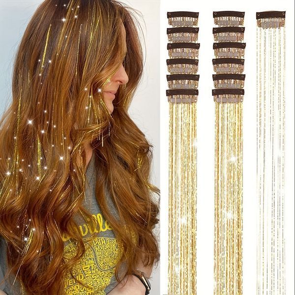 Накладні блискучі пасма для волосся на шпильках золоті Hair Tinsel 12 штук 24563G фото