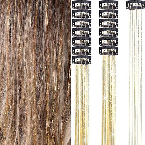 Накладні блискучі пасма для волосся на шпильках золоті Hair Tinsel 12 штук 24563G фото