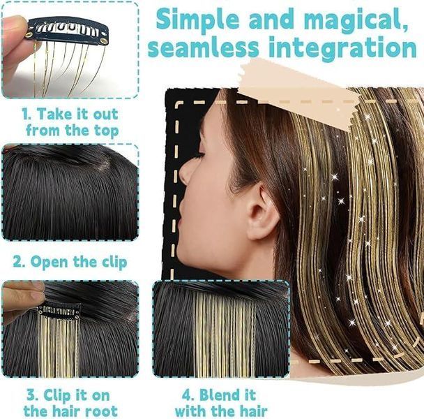 Накладні блискучі пасма для волосся на шпильках золоті Hair Tinsel 12 штук 24563G фото