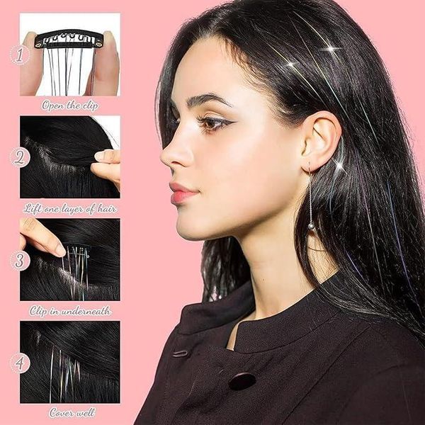 Накладні блискучі пасма для волосся на шпильках сріблясті Hair Tinsel 12 штук 36024S фото