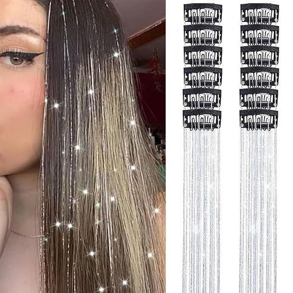 Накладні блискучі пасма для волосся на шпильках сріблясті Hair Tinsel 12 штук 36024S фото