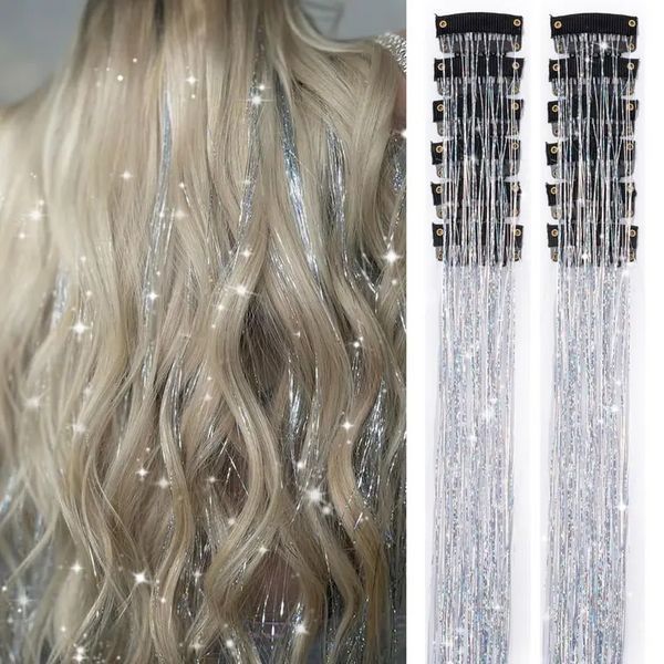 Накладні блискучі пасма для волосся на шпильках сріблясті Hair Tinsel 12 штук 36024S фото