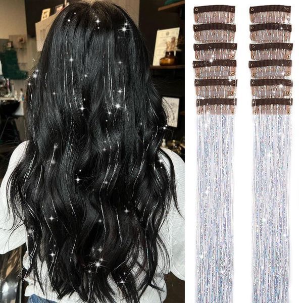 Накладні блискучі пасма для волосся на шпильках сріблясті Hair Tinsel 12 штук 36024S фото