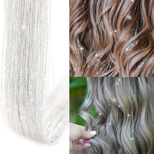Накладні блискучі пасма для волосся на шпильках сріблясті Hair Tinsel 12 штук 36024S фото