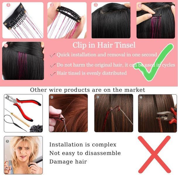 Накладні блискучі пасма для волосся на шпильках сріблясті Hair Tinsel 12 штук 36024S фото