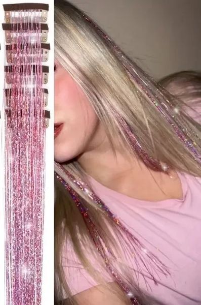 Накладные блестящие пряди для волос на заколках розовые Hair Tinsel 12 штук EX78-5 фото