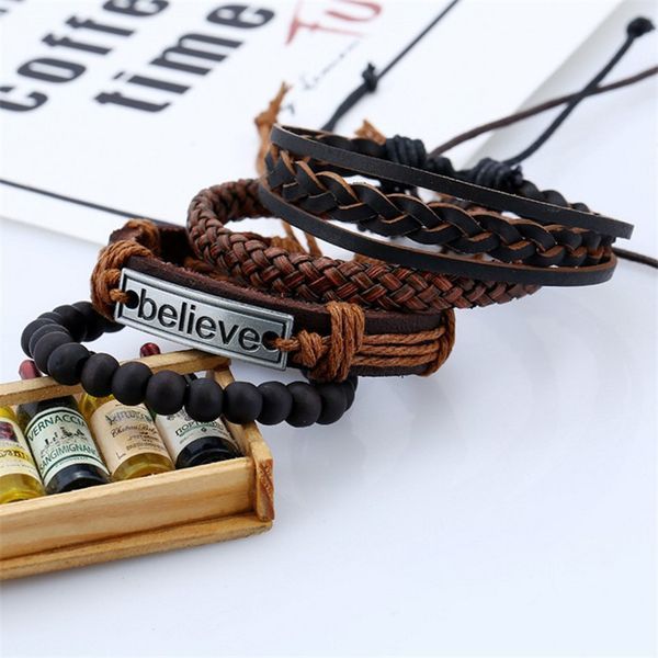 Браслет кожаный плетёный многослойный чёрно-коричневый Believe 9561 фото
