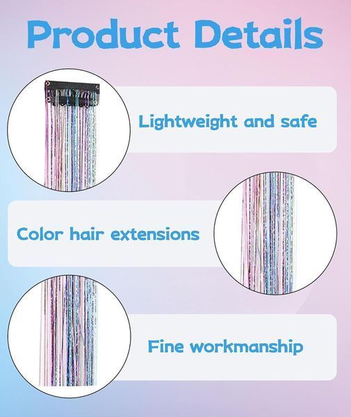 Накладные блестящие пряди для волос на заколках разноцветные Hair Tinsel 12 штук EX78-1 фото