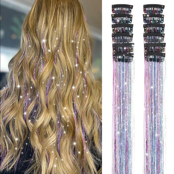 Накладные блестящие пряди для волос на заколках разноцветные Hair Tinsel 12 штук EX78-1 фото