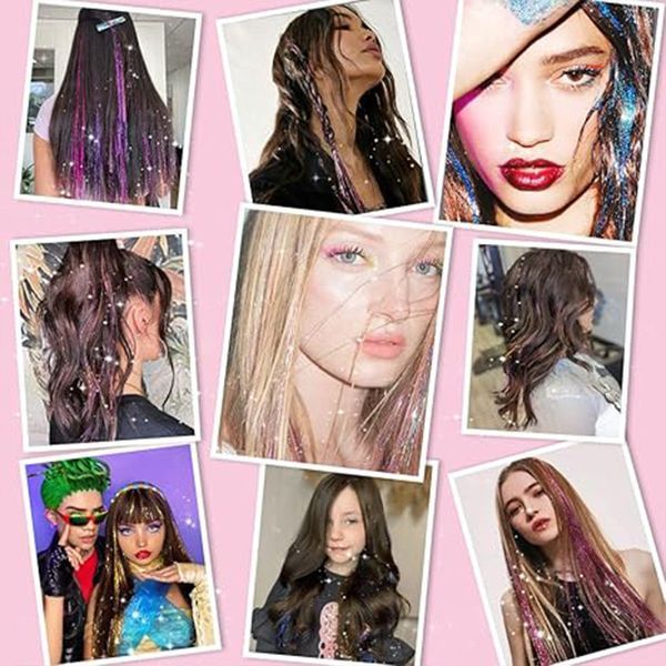 Накладные блестящие пряди для волос на заколках разноцветные Hair Tinsel 12 штук EX78-1 фото