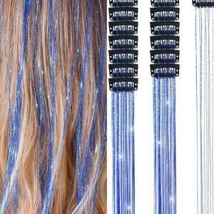 Накладные блестящие пряди для волос на заколках синие Hair Tinsel 12 штук EX78-11 фото