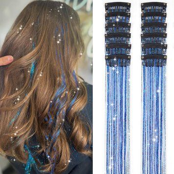 Накладные блестящие пряди для волос на заколках синие Hair Tinsel 12 штук EX78-11 фото