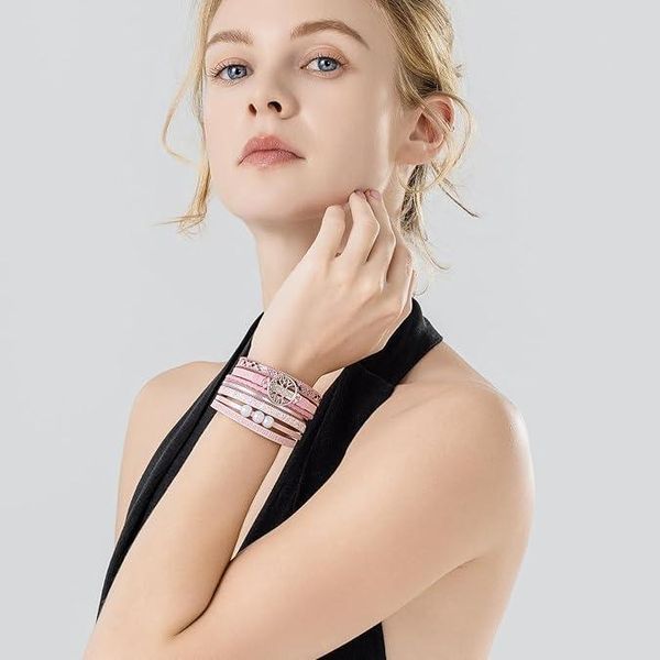 Шкіряний браслет Дерево життя багатошаровий Pink  056752 фото