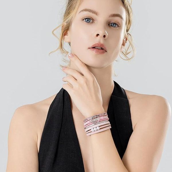 Шкіряний браслет Дерево життя багатошаровий Pink  056752 фото