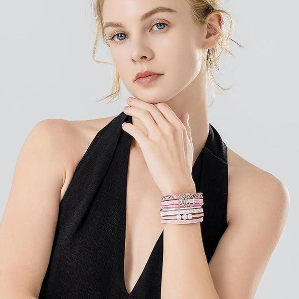 Шкіряний браслет Дерево життя багатошаровий Pink  056752 фото