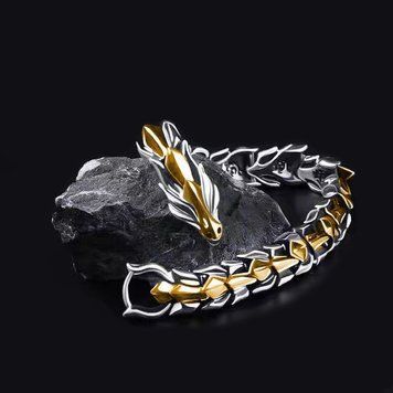 Мужской браслет Дракон Silver Gold 21 см 3360 фото