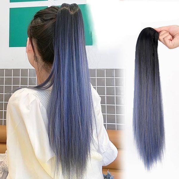 Накладной хвост шиньон 50 см Омбре черный с синим 2955538184 фото